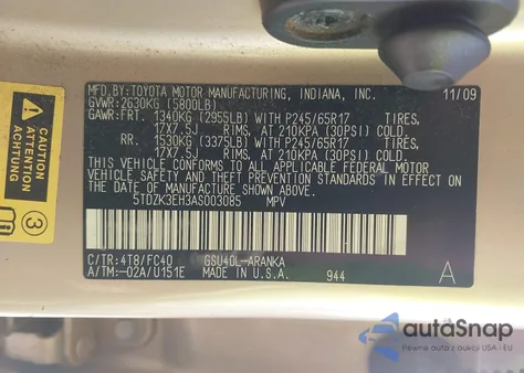 2010 Toyota Highlander Base V6 из США, поврежденный, VIN 5TDZK3EH3AS003085